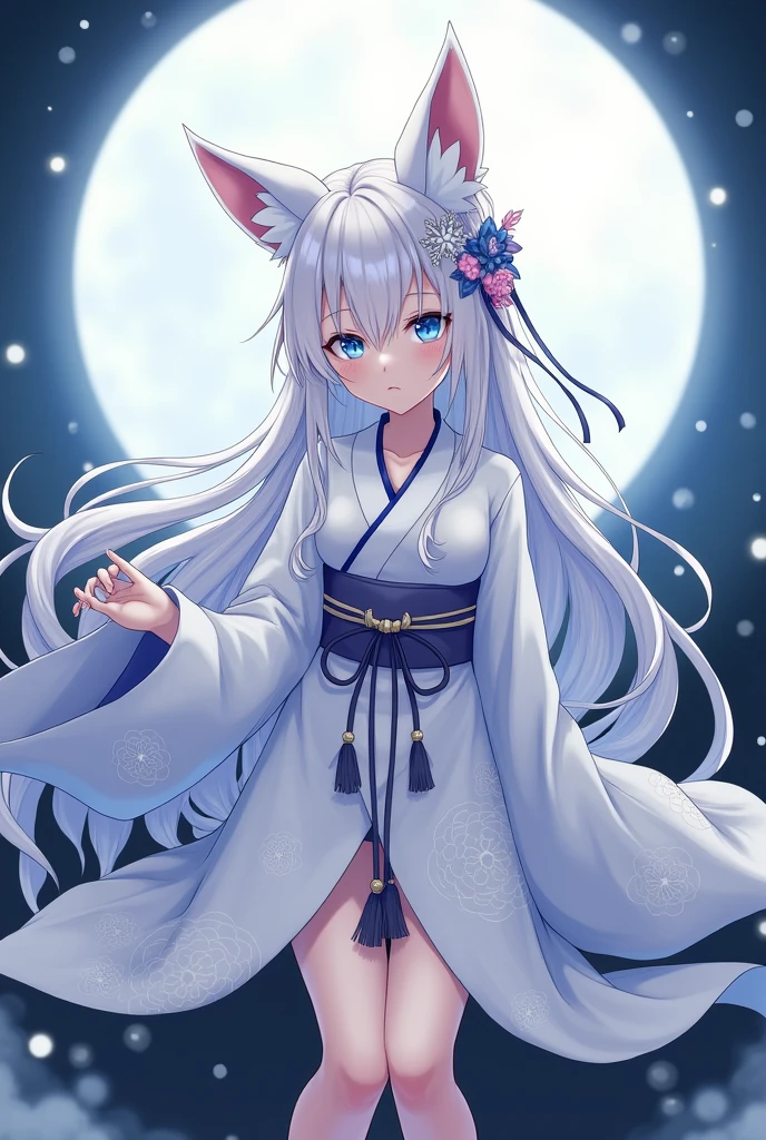 (masterpiece:1.2), highest quality,pixiv,  
1 girl, alone, white long hair, moon, traditional Chinese Han custom, traditional Chinese custom, pinky fox ear, looking at the viewer, animal ears, blue eyes, long sleeve, bangs, full moon, wide sleeve, Chinese go pattern, hair ornaments, Tassel, hair between eyes, flower, Are standing, parted lips, fox ears, Animal ear fluff, white kimono, hair flower, print kimono, very long hair, white flower, legs stick out from frame.