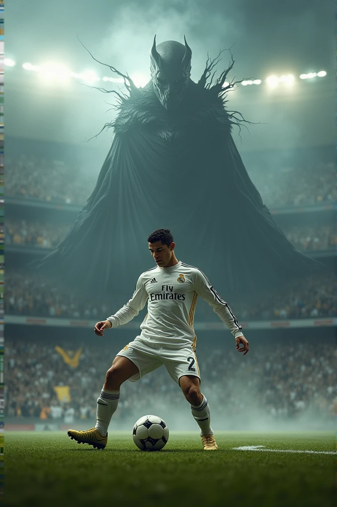 Ronaldo with Real Madrid shirt taking a penalty, and the devil is in the camp