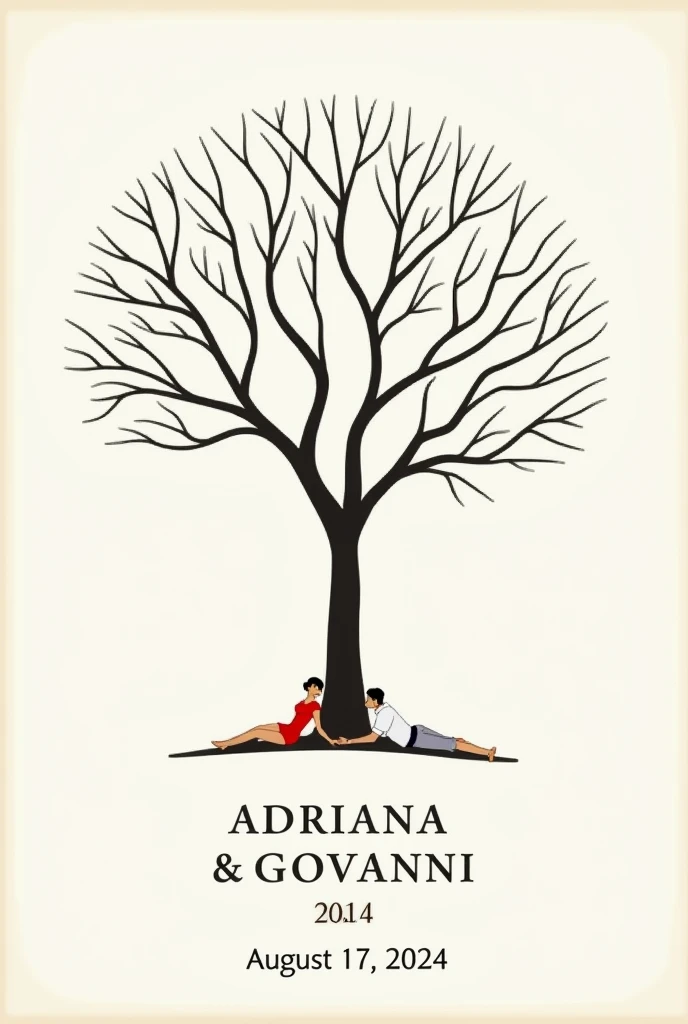 "Please, create an image of an elegant tree without leaves or flowers for a wedding with a plain background, Clear. The tree should include the names 'Adriana' and 'Giovanni' prominently displayed at the base of the tree. On the bottom, Add the date 'August 17, 2024'. Add title to image "Our Wedding" at the head of the canvas. Add image of two lovers lying on the tree trunk."
