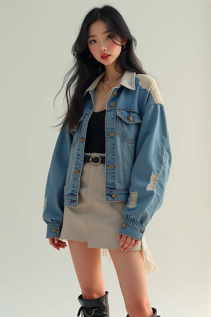 Asian girl, sery denim jacket, skirt and boots