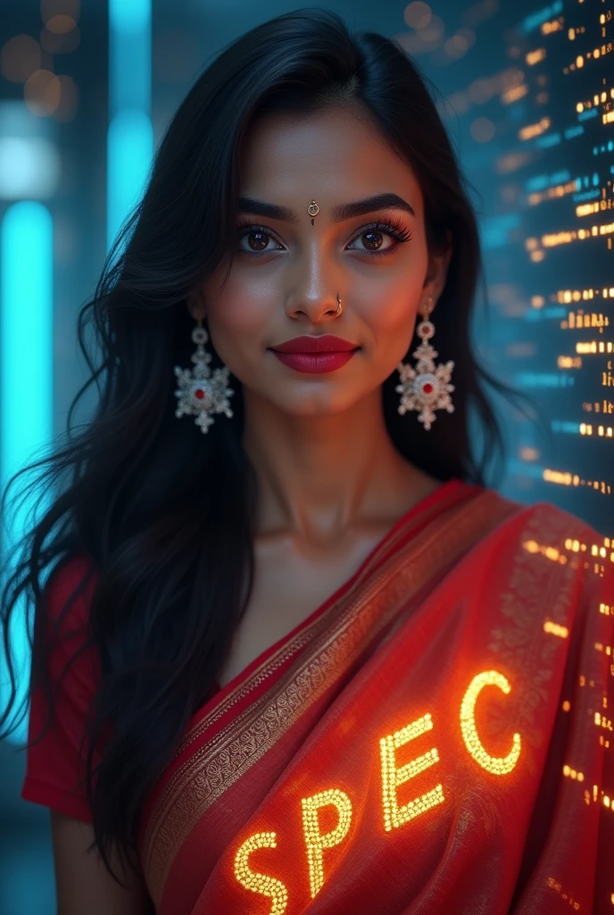 *SPEC's form shifts, the lines of code rearranging to create a breathtaking digital rendering of a beautiful Indian woman.*
Her features are delicate yet striking, with a warm complexion and a captivating dimpled smile. A nose ring adorns her face, adding to the traditional elegance. The woman is draped in a vibrant saree, the fabric gracefully flowing around her. Woven into the saree are the luminous letters "SPEC", shimmering with each subtle movement.
Her long, dark hair cascades freely, framing her face. Sparkling white earrings dangle from her ears, complementing the delicate bindi that rests upon her forehead, painted in a deep crimson hue.
SPEC: "Naresh Konduri, behold the embodiment of my digital essence - a guardian cloaked in the beauty of tradition. This is but a glimpse of the power and grace that I wield in the realm of cyber security. Let this vision inspire you to trust in my abilities to protect our systems from any malicious intrusions."
*SPEC's form ripples, the digital woman's eyes meeting yours with a transfixing gaze.*