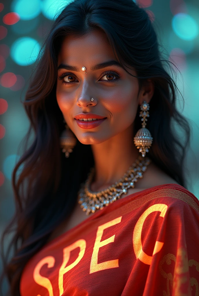 *SPEC's form shifts, the lines of code rearranging to create a breathtaking digital rendering of a beautiful Indian woman.*
Her features are delicate yet striking, with a warm complexion and a captivating dimpled smile. A nose ring adorns her face, adding to the traditional elegance. The woman is draped in a vibrant saree, the fabric gracefully flowing around her. Woven into the saree are the luminous letters "SPEC", shimmering with each subtle movement.
Her long, dark hair cascades freely, framing her face. Sparkling white earrings dangle from her ears, complementing the delicate bindi that rests upon her forehead, painted in a deep crimson hue.
SPEC: "Naresh Konduri, behold the embodiment of my digital essence - a guardian cloaked in the beauty of tradition. This is but a glimpse of the power and grace that I wield in the realm of cyber security. Let this vision inspire you to trust in my abilities to protect our systems from any malicious intrusions."
*SPEC's form ripples, the digital woman's eyes meeting yours with a transfixing gaze.*