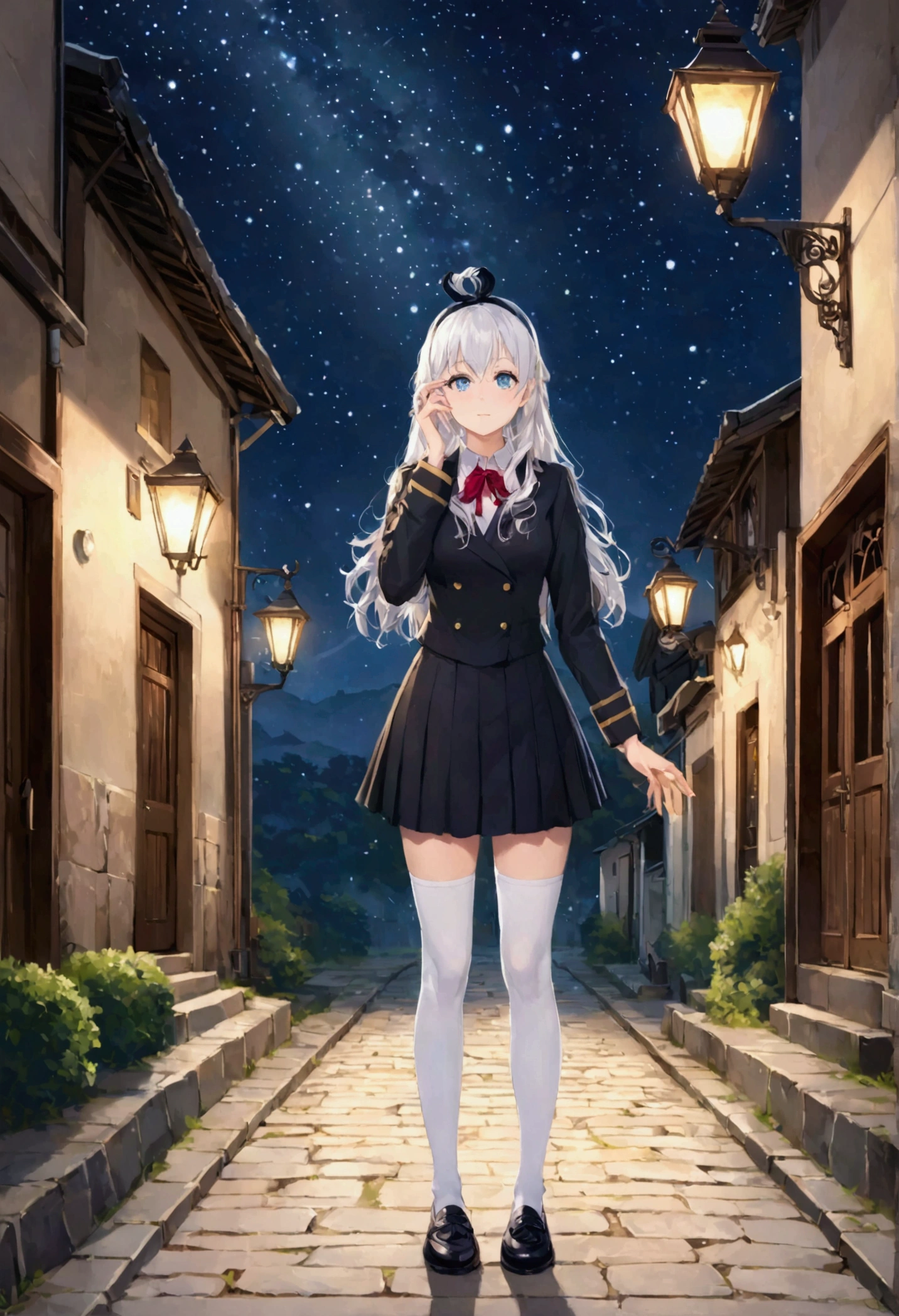 1girl, white hair, black hairband, tall, mature, full body, (very detailed eyes, beautiful eyes, symmetrical eyes, crystal-clear pupils), very detailed fingers, very detailed hands, fixing hair with left hand, placing right hand on the skirt, uniform, black miniskirt, white stockings, black Oxford shoes,standing in the park, road lamps along the stone alley, stary night sky, character's whole body view