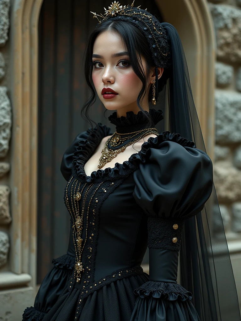 a 22 years old beautiful woman dressed in a stylized, richly decorated outfit that refers to the Victorian or Gothic era. She is wearing a black dress with puffed sleeves, decorated with lace, fringes and gold elements. On her head is a black veil with decorative pins. Her make-up is expressive, and her gaze mysterious. The woman poses against the background of a stone wall, which intensifies the impression of darkness and mystery.