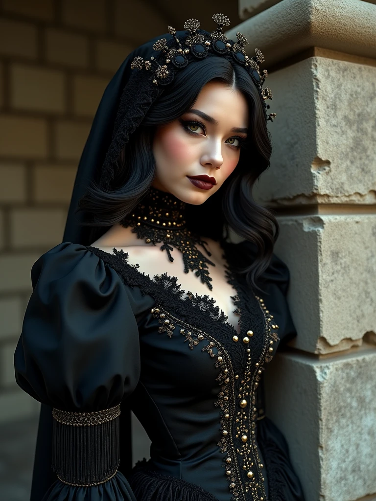 a 22 years old beautiful woman dressed in a stylized, richly decorated outfit that refers to the Victorian or Gothic era. She is wearing a black dress with puffed sleeves, decorated with lace, fringes and gold elements. On her head is a black veil with decorative pins. Her make-up is expressive, and her gaze mysterious. The woman poses against the background of a stone wall, which intensifies the impression of darkness and mystery.