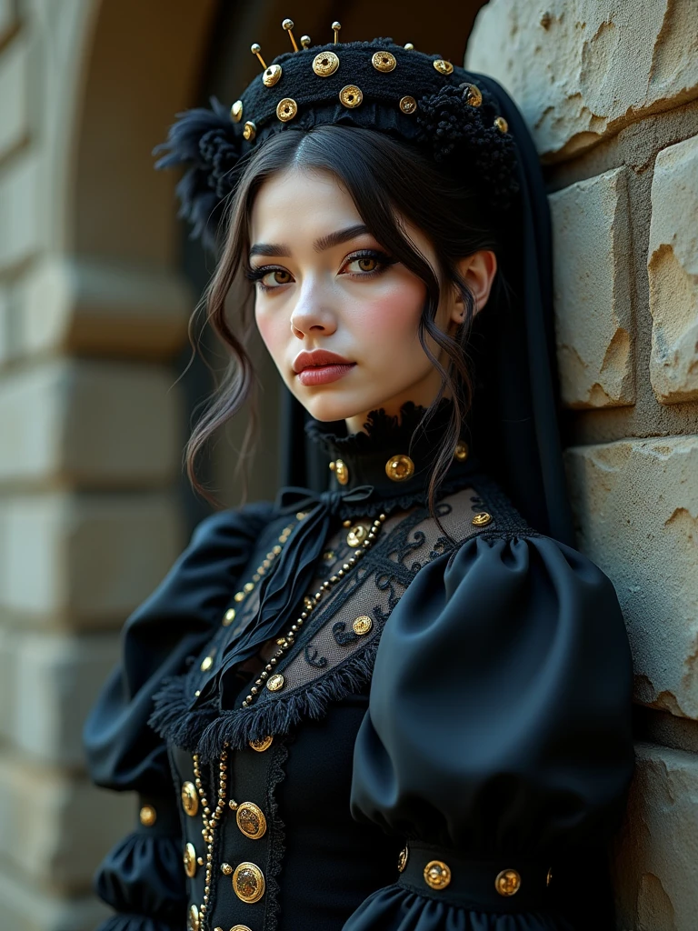 a 22 years old beautiful woman dressed in a stylized, richly decorated outfit that refers to the Victorian or Gothic era. She is wearing a black dress with puffed sleeves, decorated with lace, fringes and gold elements. On her head is a black veil with decorative pins. Her make-up is expressive, and her gaze mysterious. The woman poses against the background of a stone wall, which intensifies the impression of darkness and mystery.