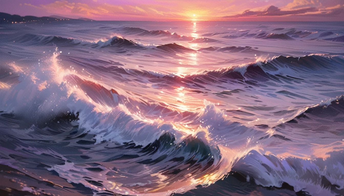 (best quality, masterpiece:1.2), A beautiful sunset over an ocean, golden, pink and purple hues, exquisite, painterly, realistic painting, light painting, beautiful, breathtaking
