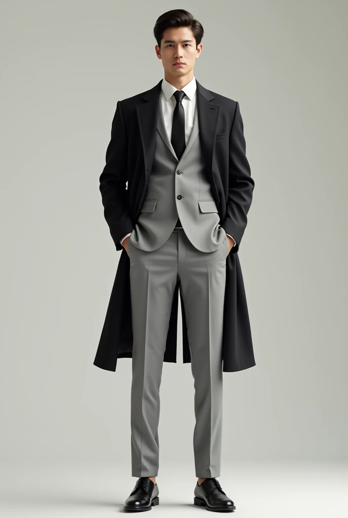  a light grey suit pants, with a black jacket