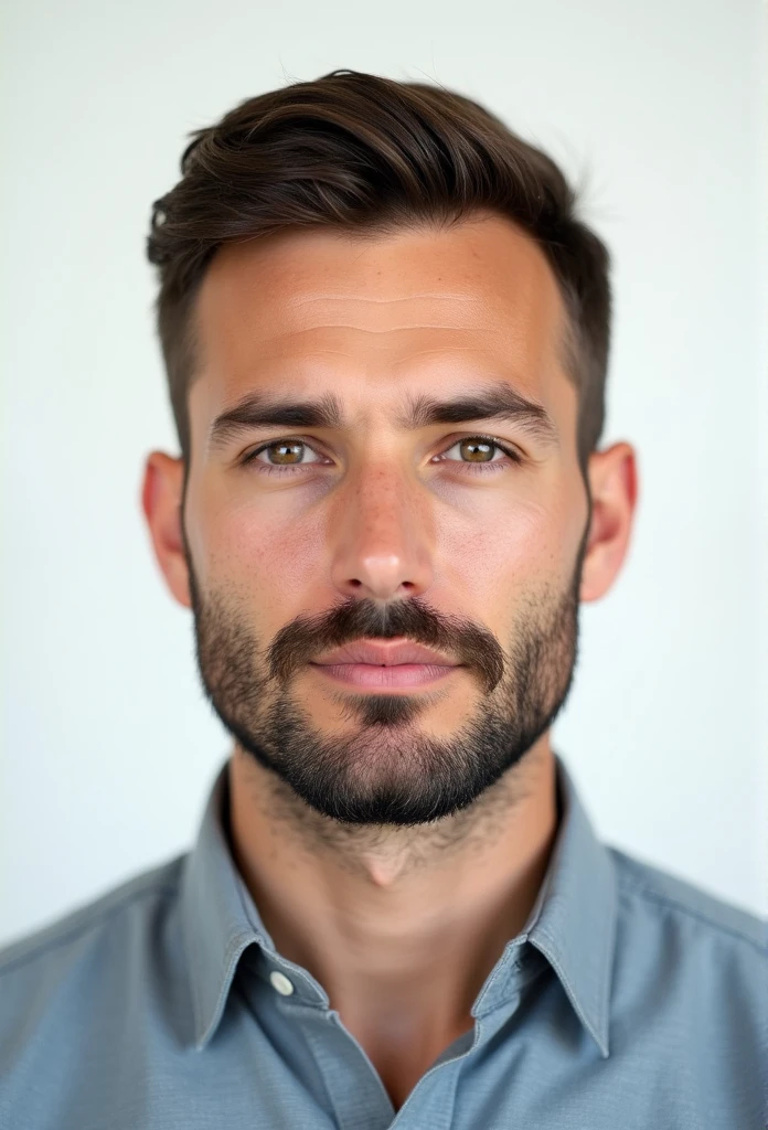 Create a realistic passport-style photo of a man in his 30s with short, dark brown hair and a trimmed beard. His hair should be cut in a neat style, with the top trimmed to a number five clipper length and the sides to a number three, short enough that it cannot be combed. The background should be plain white, adhering to passport photo requirements. The man should be wearing a simple, buttoned shirt, similar to what he is wearing in the reference image, with a neutral expression and no smile. The image should resemble a real photograph taken in a professional studio for official use.