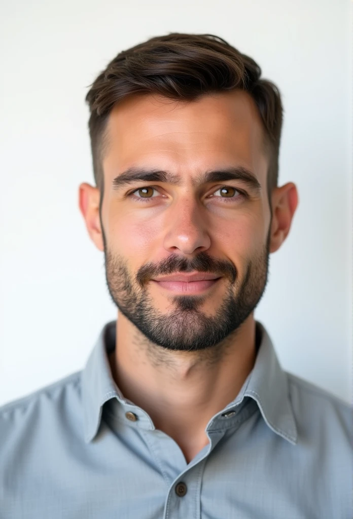Create a realistic passport-style photo of a man in his 30s with short, dark brown hair and a trimmed beard. His hair should be cut in a neat style, with the top trimmed to a number five clipper length and the sides to a number three, short enough that it cannot be combed. The background should be plain white, adhering to passport photo requirements. The man should be wearing a simple, buttoned shirt, similar to what he is wearing in the reference image, with a neutral expression and no smile. The image should resemble a real photograph taken in a professional studio for official use.