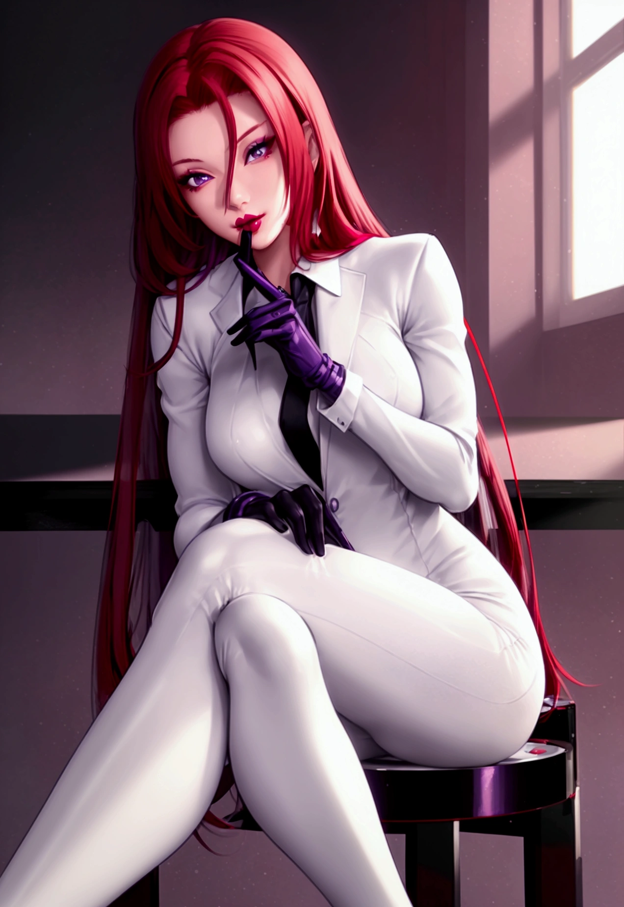 ((solo, 1woman, (TakashiroHiroko, dark purple eyes, red hair, long hair), lipstick, Extremely detailed, ambient soft lighting, 4k, perfect eyes, a perfect face, perfect lighting, a 1girl)), ((solo, (1woman, lipstick), Extremely detailed, ambient soft lighting, 4k, perfect eyes, a perfect face, perfect lighting, a 1girl)), , ((fitness,, shapely body, athletic body, toned body)), ((white suit, black dress shirt, black tie, white gloves, sitting at the table, legs crossed, futuristic room))