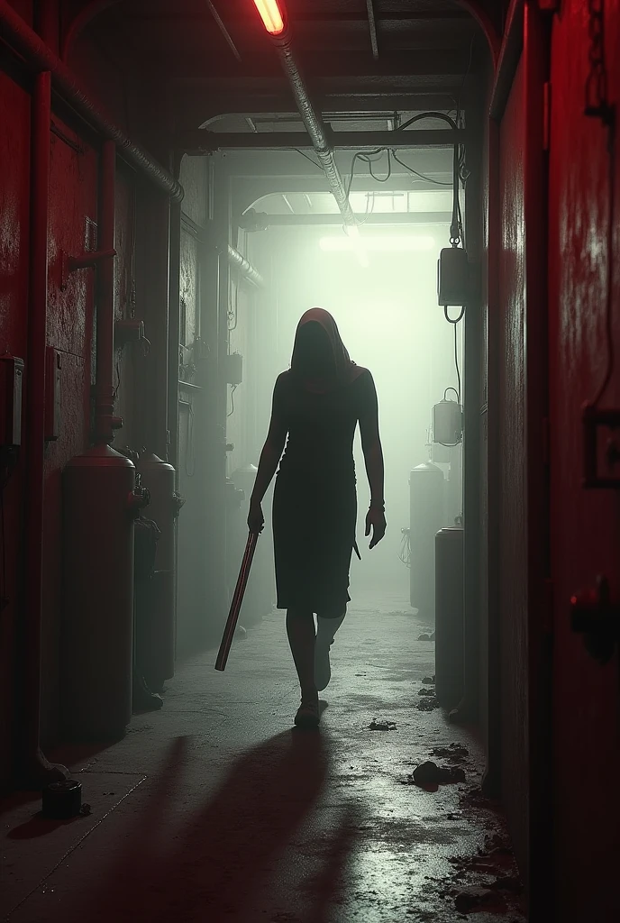 The silhouette of a figure holding something metallic and long, walking through a dark basement. The space is filled with old machinery, and the figure is barely visible in the dim light. Blurry and in red and white.