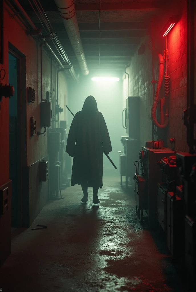 The silhouette of a figure holding something metallic and long, walking through a dark basement. The space is filled with old machinery, and the figure is barely visible in the dim light. Blurry and in red and white.