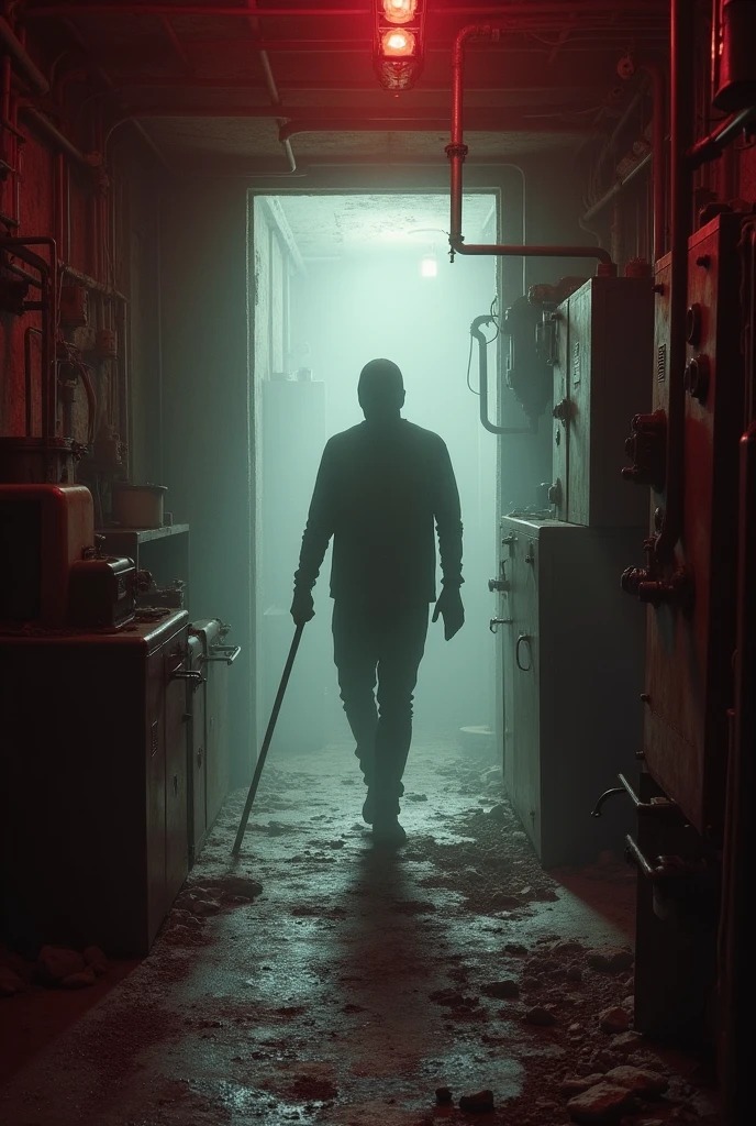 The silhouette of a figure holding something metallic and long, walking through a dark basement. The space is filled with old machinery, and the figure is barely visible in the dim light. Blurry and in red and white.