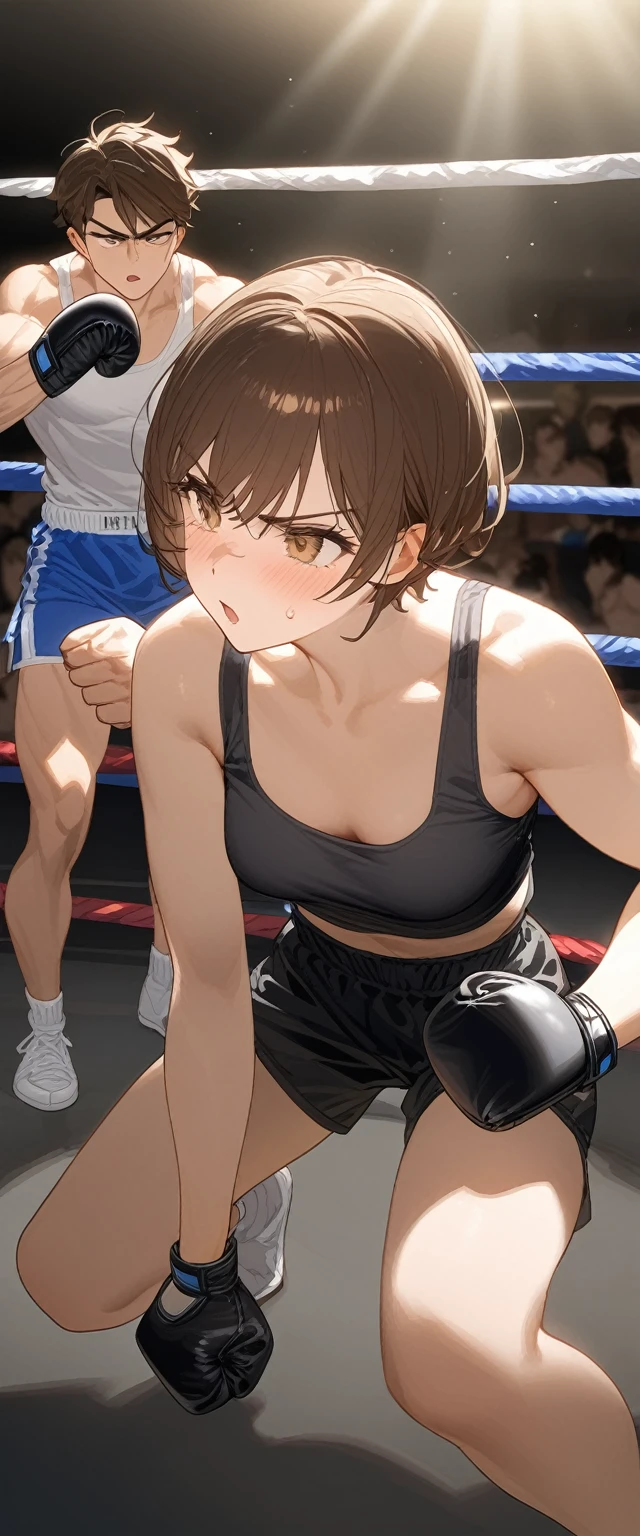 woman、Muscular、Six Pack、Tension、Tense expression、Mouthpiece、Tank top、Shorts、short hair、boxing、Fighting Pose、Leaning forward、He holds both gloves under his face to intimidate his opponent.、boxingのリング、The referee can be seen crouching to the side, watching the situation.、short hair、Brown Hair、small breasts、boxer、illumination、怒号を上げる観客を背景にスリリングなboxingが繰り広げられる