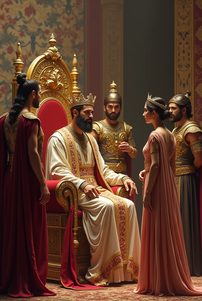 a smiling Persian king sitting on his golden throne with a small scepter in one hand add two Persian soldiers next to the throne and a queen with her royal robes and crown, make the queen stand in front of the king talking