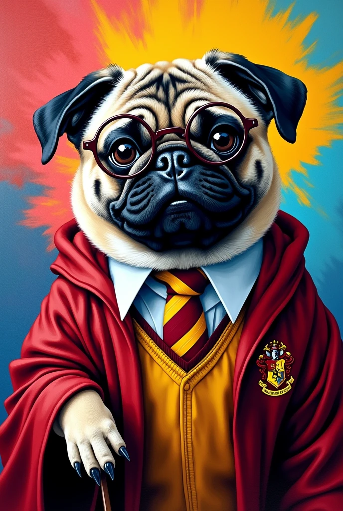 A pop art style painting of a happy pug dog dressed as Harry Potter