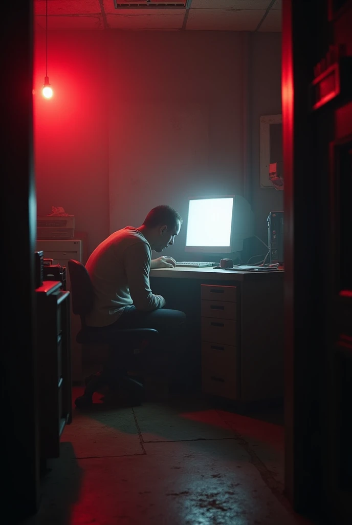 The faint outline of someone crouching under a desk in a dark basement office. The atmosphere is tense, with the room filled with old, dusty equipment. The only light source is a dim computer screen. Blurry and in red and white.