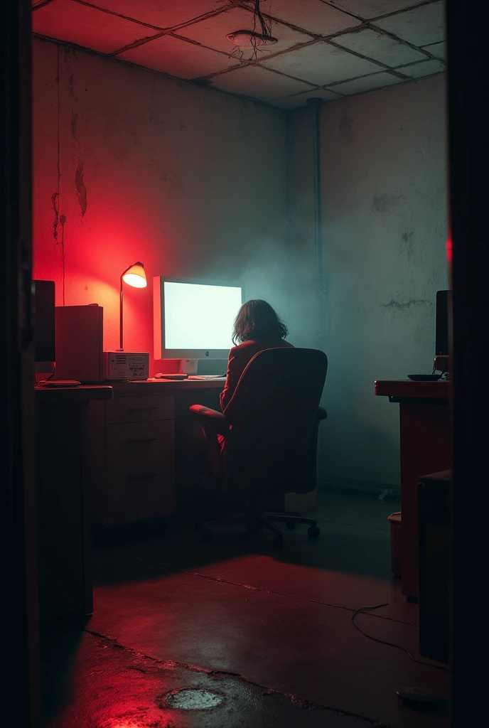 The faint outline of someone crouching under a desk in a dark basement office. The atmosphere is tense, with the room filled with old, dusty equipment. The only light source is a dim computer screen. Blurry and in red and white.
