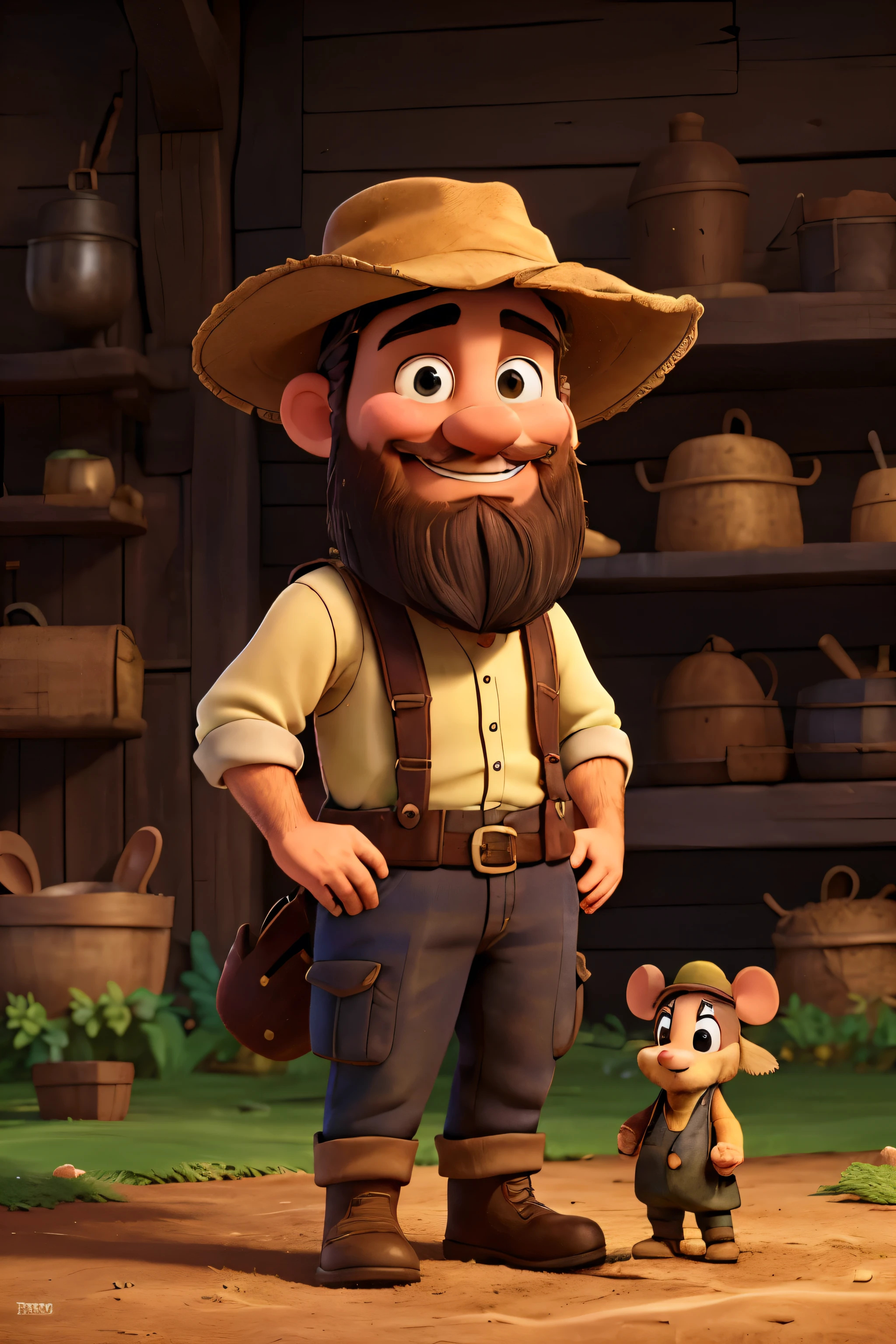 a smiling bearded farmer with a hat, a smiling mouse standing on his shoulder, detailed portrayal, realisitic, photorealisitic, highy detailed, sharp focus, 8k, high resolution, cinematic lighting, warm color tones, golden hour lighting, Beautiful natural landscapes, Lush green field, rolling hills, swirly vibrant colors, work of art, rewarded photography