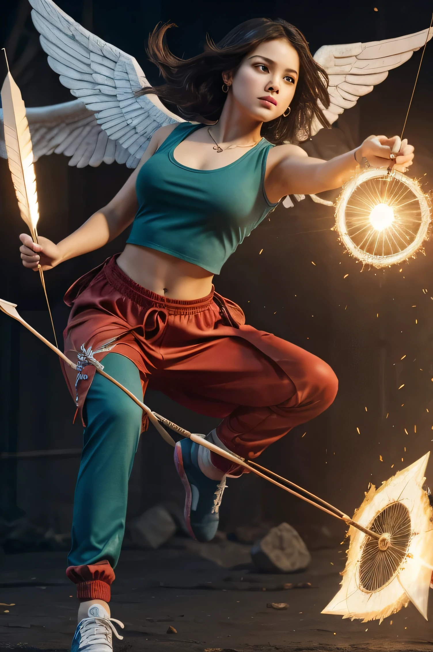 (Best Quality), (masterpiece), (detailed), {original}, {realist}, Girl, (Masterpiece of art), (ultra quality), Girl cabello cortito, young, fury face, linda, beauty, flat nose, parts, introvert, beautiful, short hair, sapphire jade pendant, whole body, defensive pose,  elegance, fiery red eyes, survivor, costume with wings, Long pants, sneakers, socks, stitched ears, Bow and arrows, attacking, 