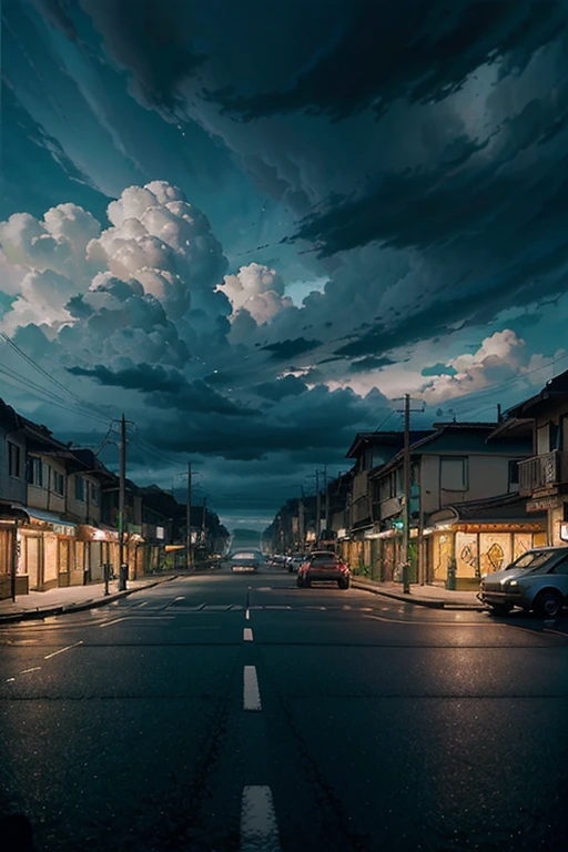 a painting of a street scene with a car parked in front of a dark sky, studio ghibli sky, anime atmospheric, stormy weather. makoto shinkai, moody :: studio ghibli, atmospheric anime, anime clouds, gloomy. by makoto shinkai, lofi art, studio ghibli environment, ghibli vibe, anime background art, cloudy night, studio ghibli filter, anime scenery, lofi artstyle, ghibli spirited away vibe, lofi feel, beautifull puffy clouds. anime, studio ghibli artstyle, lofi aesthetic