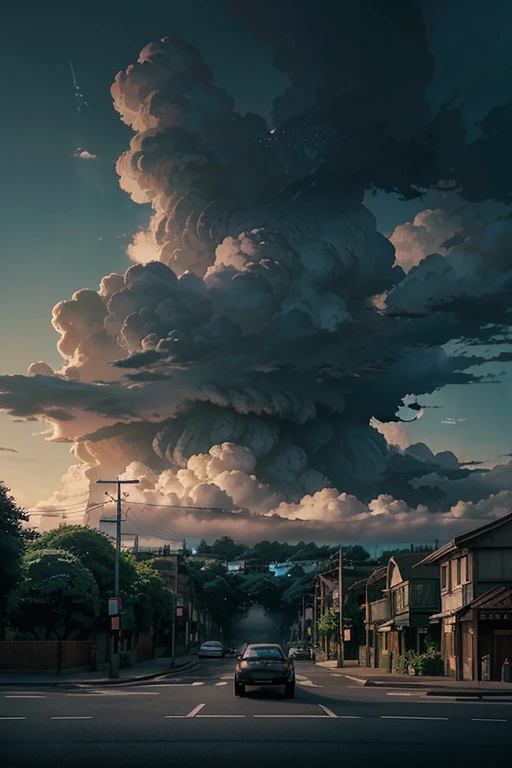 a painting of a street scene with a car parked in front of a dark sky, studio ghibli sky, anime atmospheric, stormy weather. makoto shinkai, moody :: studio ghibli, atmospheric anime, anime clouds, gloomy. by makoto shinkai, lofi art, studio ghibli environment, ghibli vibe, anime background art, cloudy night, studio ghibli filter, anime scenery, lofi artstyle, ghibli spirited away vibe, lofi feel, beautifull puffy clouds. anime, studio ghibli artstyle, lofi aesthetic