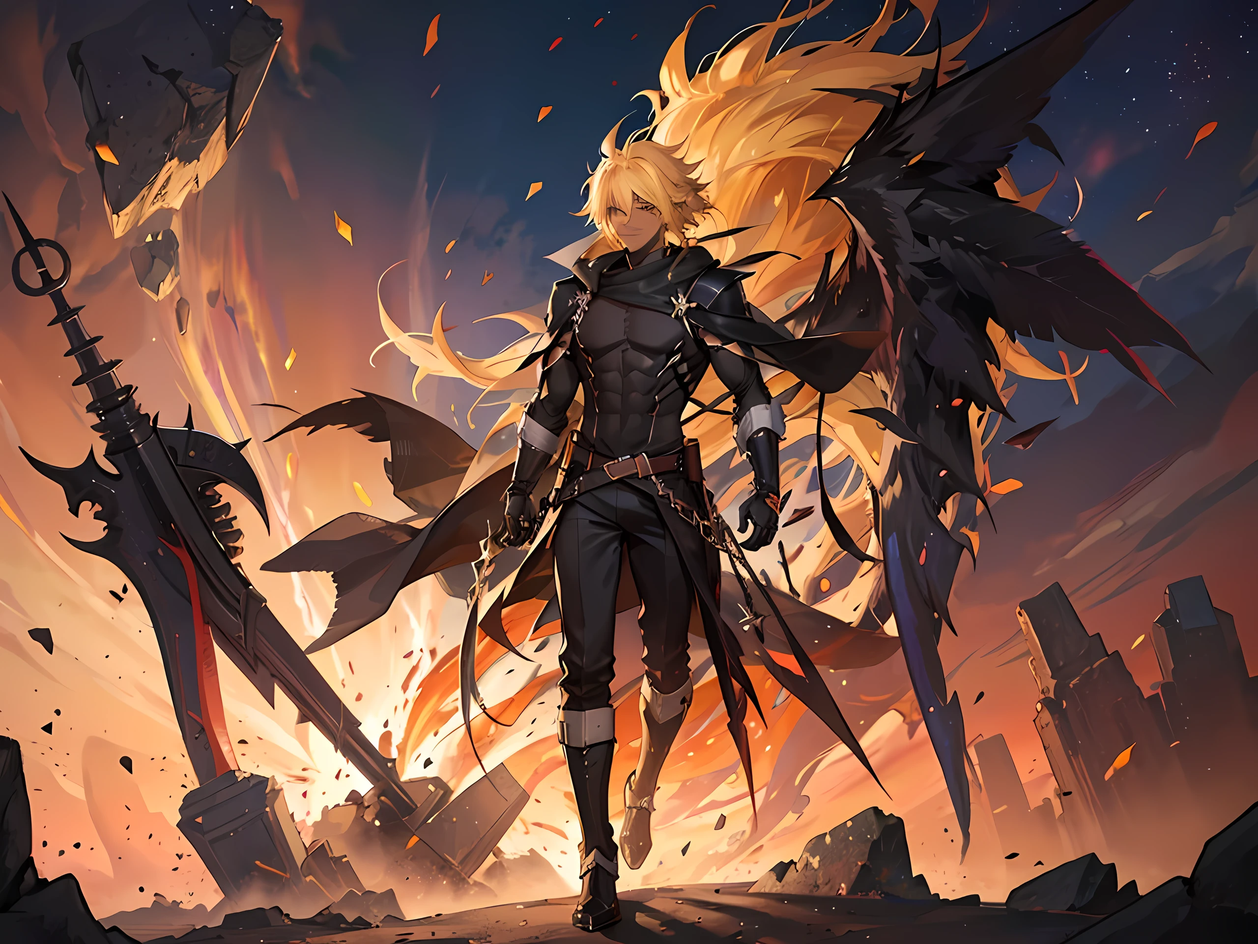 African American male, dark skinned male, super sayian 3, long spiky hair, black battle outfit, dark aura, earth shaking, rubble, cocky smile