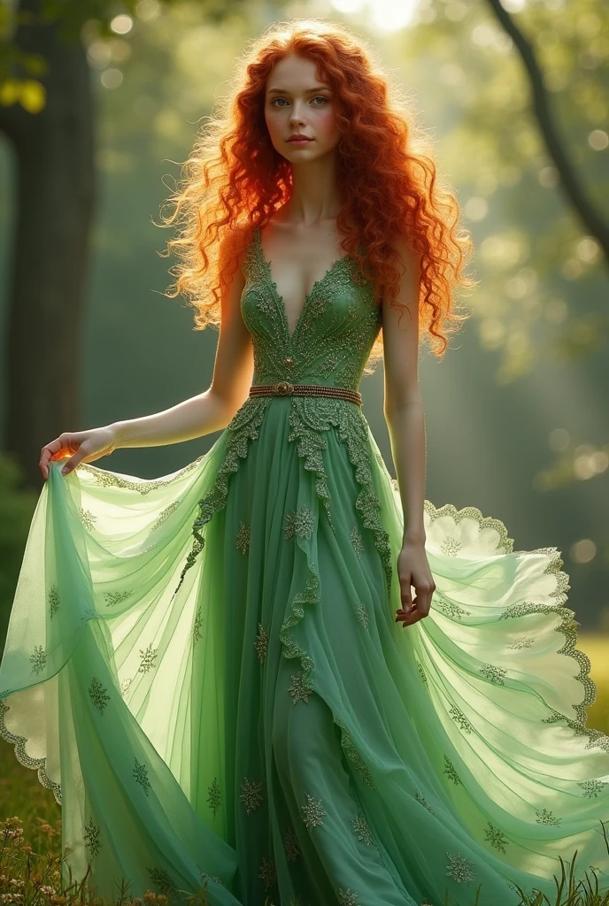 Curly redhead girl in long light green dress inspired by dragons full body