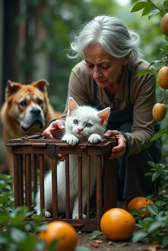 The old woman now holds the terrified chubby white kitten tightly in her hands and background showing mango garden, and the next frame shows the chuuby white kitten being roughly placed into a small, rusty cage. The cage is locked shut, with the kitten inside, looking frightened and confused. The cage is placed near the garden, with the bull dog sitting guard nearby. Pictures look like original and not blurred and not write anything and 4k results.