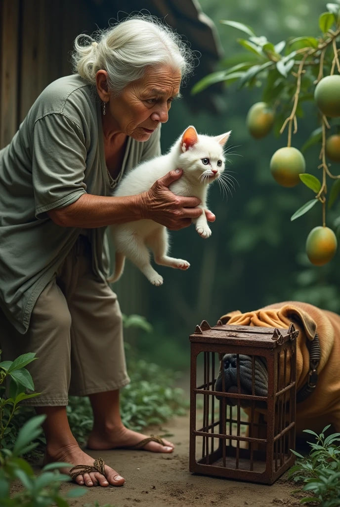 The old woman now holds the terrified chubby white kitten tightly in her hands and background showing mango garden, and the next frame shows the chuuby white kitten being roughly placed into a small, rusty cage. The cage is locked shut, with the kitten inside, looking frightened and confused. The cage is placed near the garden, with the bull dog sitting guard nearby. Pictures look like original and not blurred and not write anything and 4k results.
