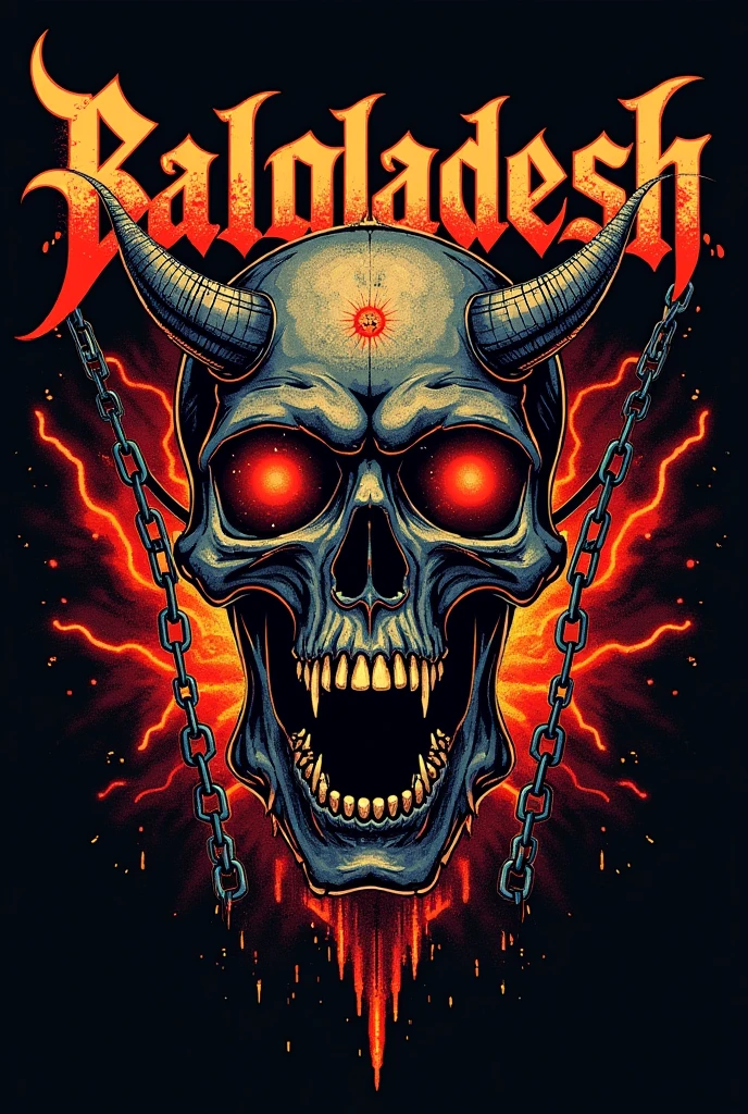 Create a high-energy, heavy metal T-shirt design that fuses traditional Bangladeshi motifs with classic metal elements like chains, lightning, and aggressive typography. 'Bangladesh' should be featured in a bold, distressed font, surrounded by fierce imagery that evokes the power and intensity of heavy metal culture. The design should be visually striking, suitable for a high-definition, all-over print.