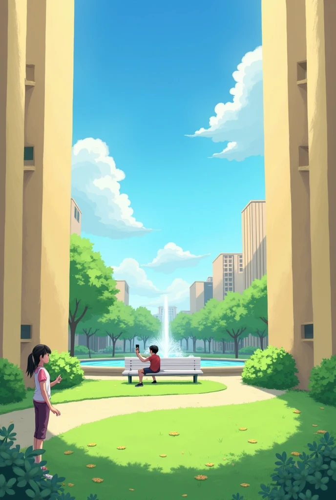 Image of two tall building of color beige and should be separated by spaces more in between. The floor should be filled with green grass.Add a white park bench in the middle and a fountain behind bench and skies and other buildings not related to front buildings should be visible in between the building . The path should be circular. Add a girl and boy. Girl is standing wearing pink white t shirt and a pant and boy is sitting in that white bench Filming her with his phone and he is wearing maroon tshirt and a pant