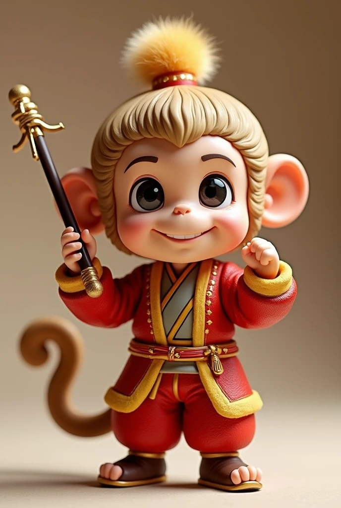 Art toy, cute man, wearing a Sun Wukong costume, looking funny, holding a baton
