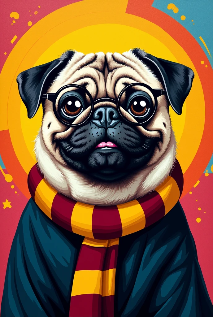 A pop art painting of a happy pug dog dressed as Harry Potter 