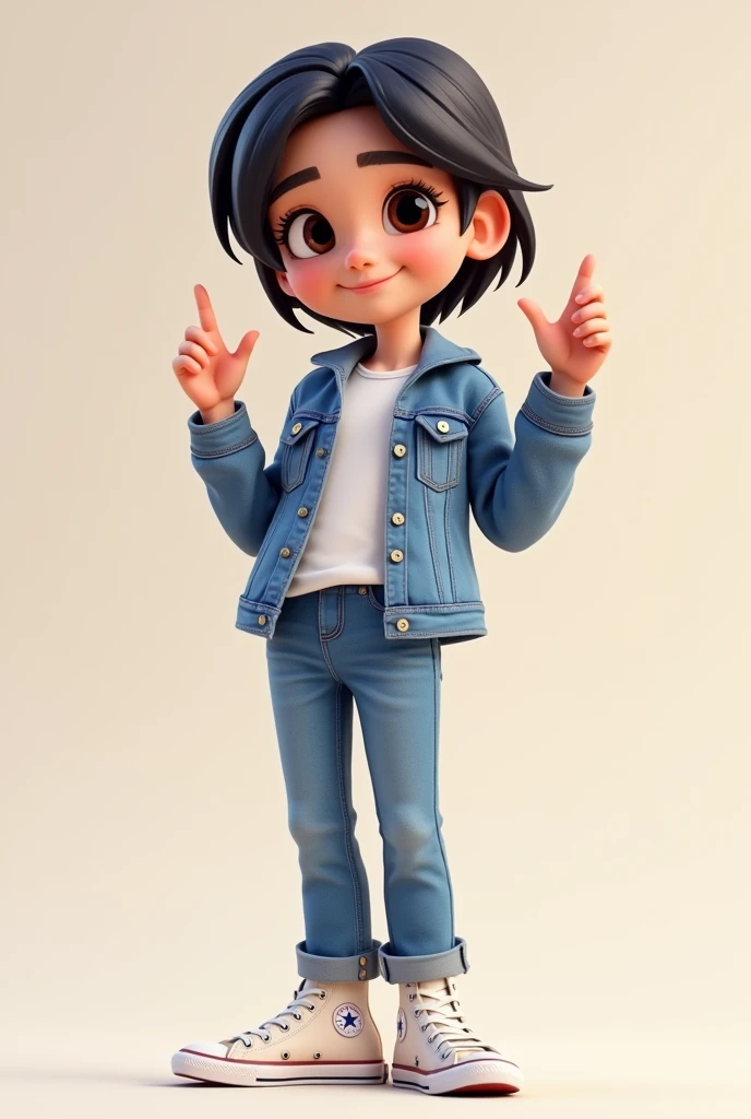 Cartoon 3d, short black hair, short black hair, white t-shirt, denim jacket and jeans, all star sneakers, making jewelry sign