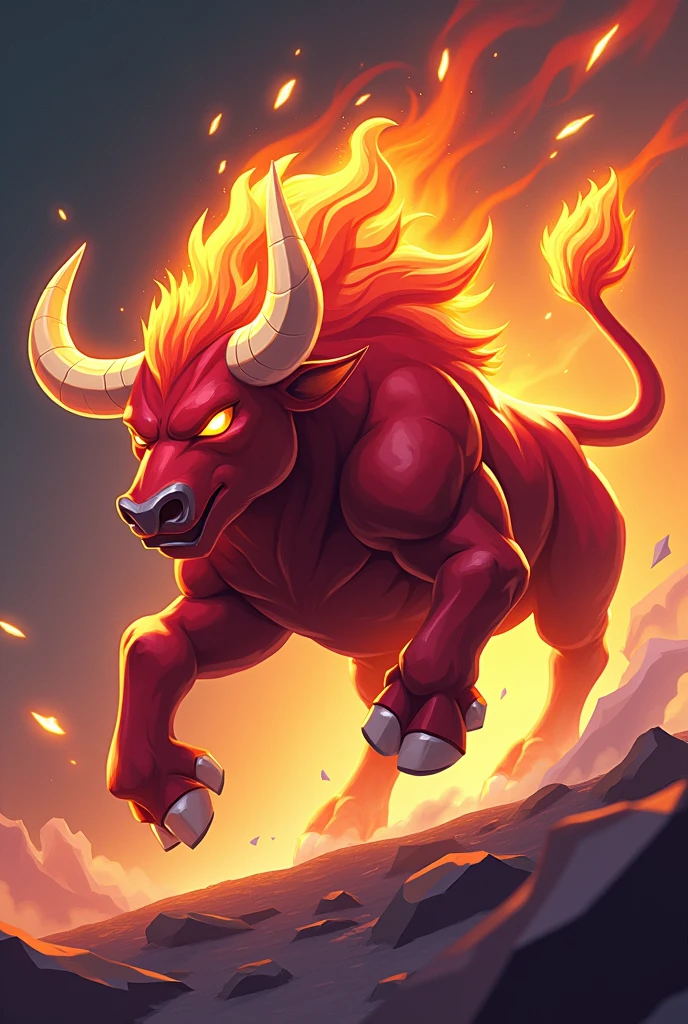 Design a 3D stylized illustration for 'Blaze,' a bull-like creature with fire elemental powers, in a powerful charge pose. The art style should draw from the sleek, modern look of the SOLMON logo, using bold lines and a palette of reds, oranges, and glowing accents. Blaze should be depicted mid-charge, with glowing cracks along its horns as it prepares to ram with fiery force. The background should feature minimalistic cosmic elements and digital sparks, creating a strong, balanced composition.