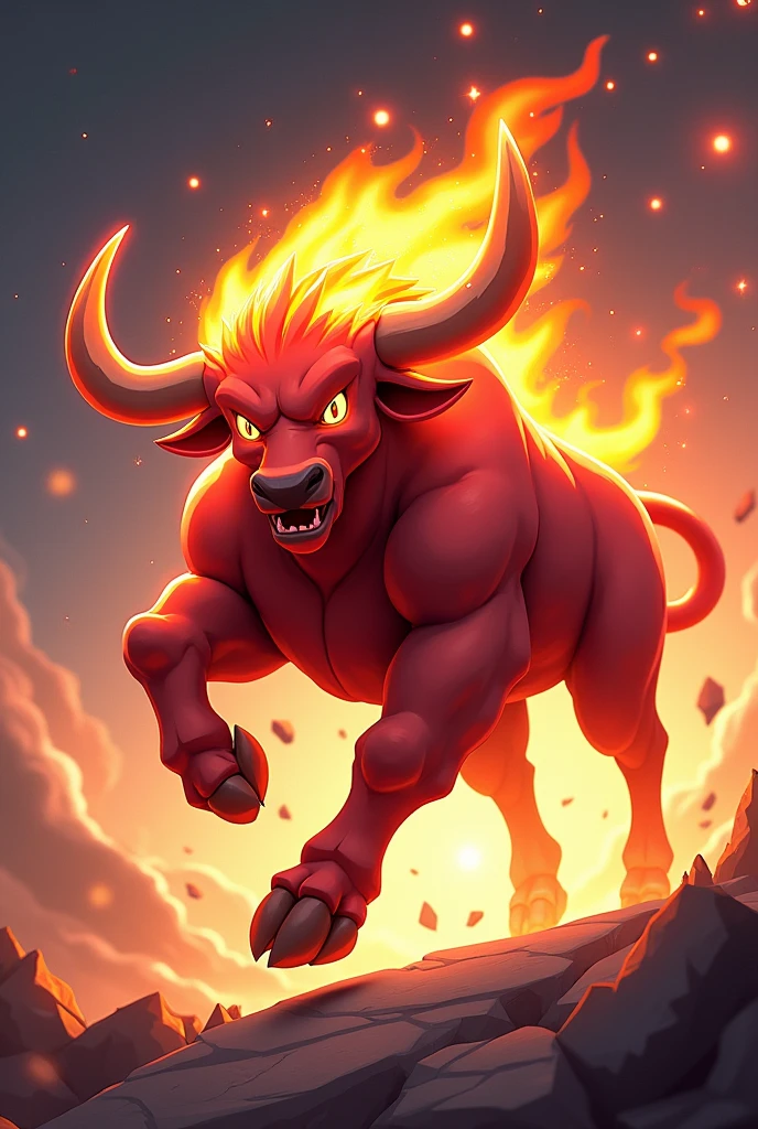 Design a 3D stylized illustration for 'Blaze,' a bull-like creature with fire elemental powers, in a powerful charge pose. The art style should draw from the sleek, modern look of the SOLMON logo, using bold lines and a palette of reds, oranges, and glowing accents. Blaze should be depicted mid-charge, with glowing cracks along its horns as it prepares to ram with fiery force. The background should feature minimalistic cosmic elements and digital sparks, creating a strong, balanced composition.