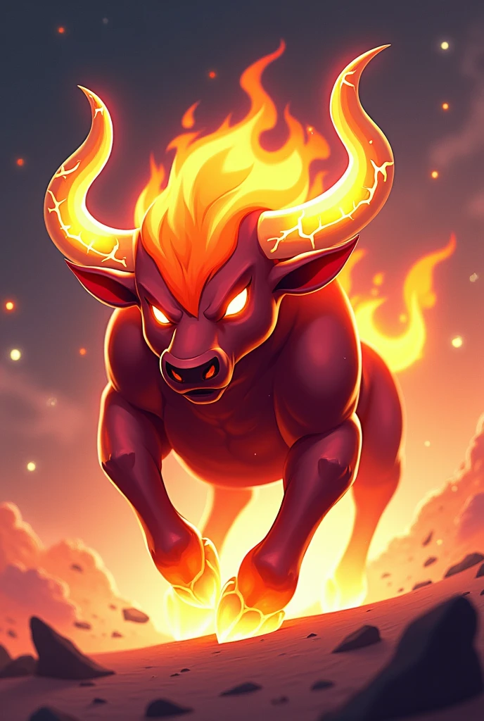 Design a 3D stylized illustration for 'Blaze,' a bull-like creature with fire elemental powers, in a powerful charge pose. The art style should draw from the sleek, modern look of the SOLMON logo, using bold lines and a palette of reds, oranges, and glowing accents. Blaze should be depicted mid-charge, with glowing cracks along its horns as it prepares to ram with fiery force. The background should feature minimalistic cosmic elements and digital sparks, creating a strong, balanced composition.