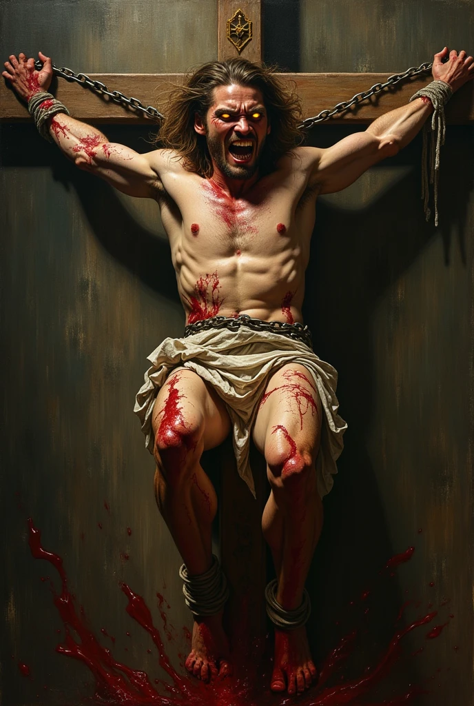 Human chained in a cross, but only in torn and the hands and behing the cross; front view, face full of rage and looking to us with bright eyes; beautiful man; caravaggio oil painting; realism; mid lenght hair; background with a lot of detail; inferior half body destroyed with legs destroyed; and blood; show hands becomings into fangs.
