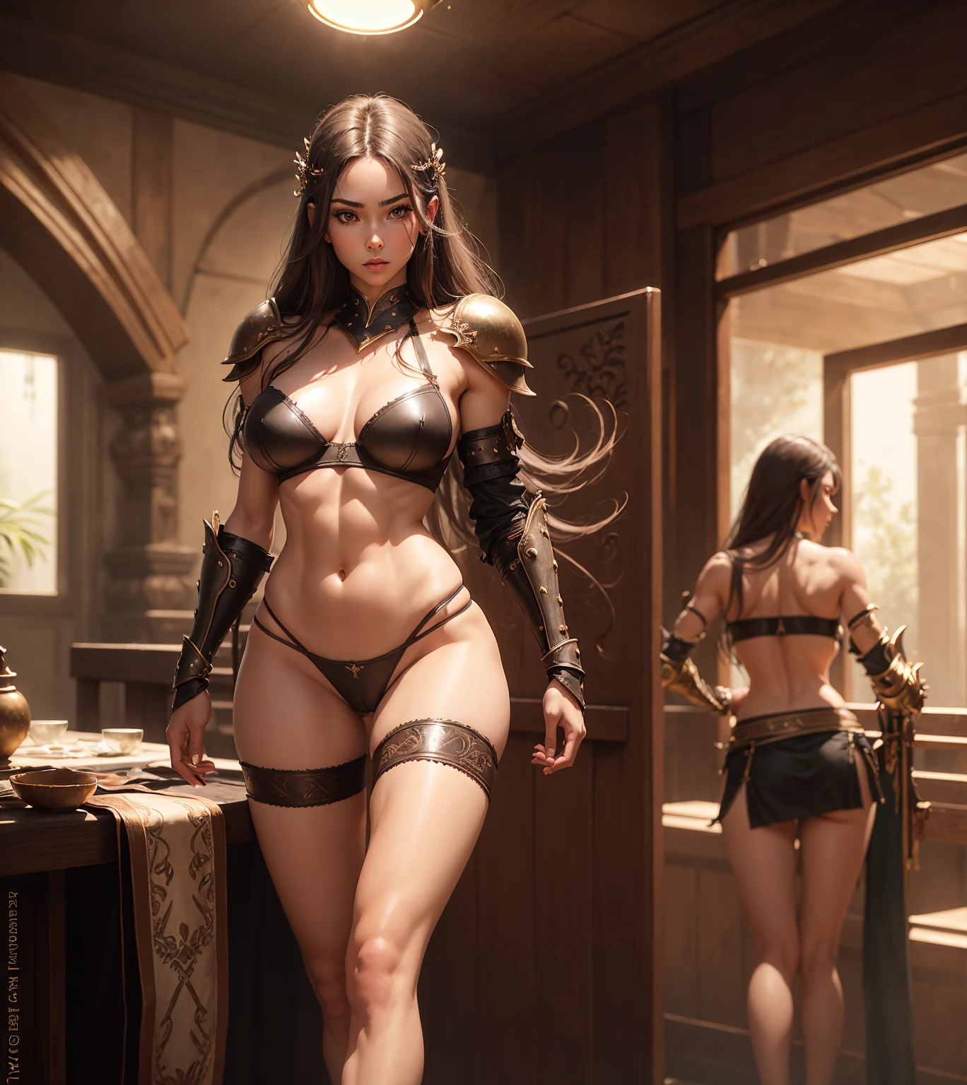 SENSUAL warrior girl, sexy leather armor, sexy female body, naked legs, Scrawny, comely, long hair, floresta de fantasia, rosto comely, precise proportions, perfect natural body, comelys olhos, a high quality masterpiece, BIG TITS, Sexy Bra, string panties, In a bra, THREADED PANTIES, USANDO Sexy Bra