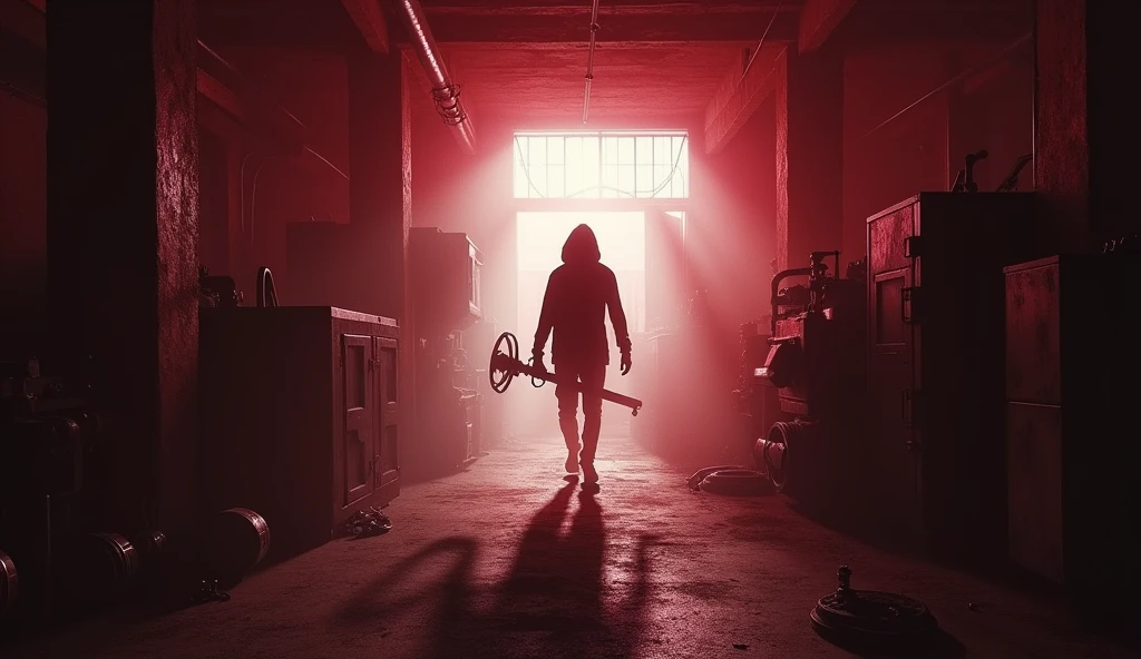 The silhouette of a figure holding something metallic and long, walking through a dark basement. The space is filled with old machinery, and the figure is barely visible in the dim light. Blurry and in red and white.