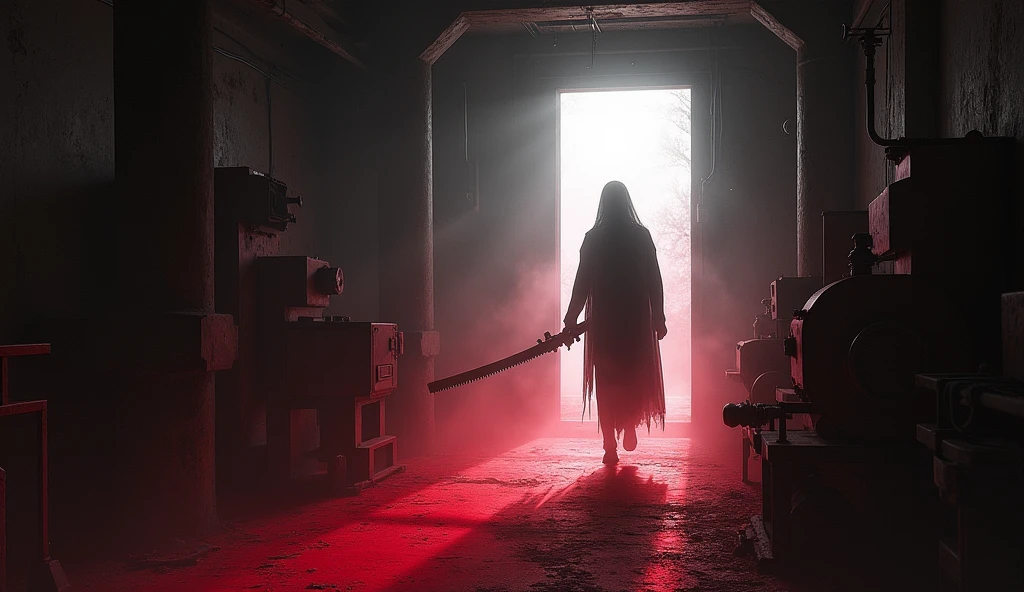 The silhouette of a figure holding something metallic and long, walking through a dark basement. The space is filled with old machinery, and the figure is barely visible in the dim light. Blurry and in red and white.