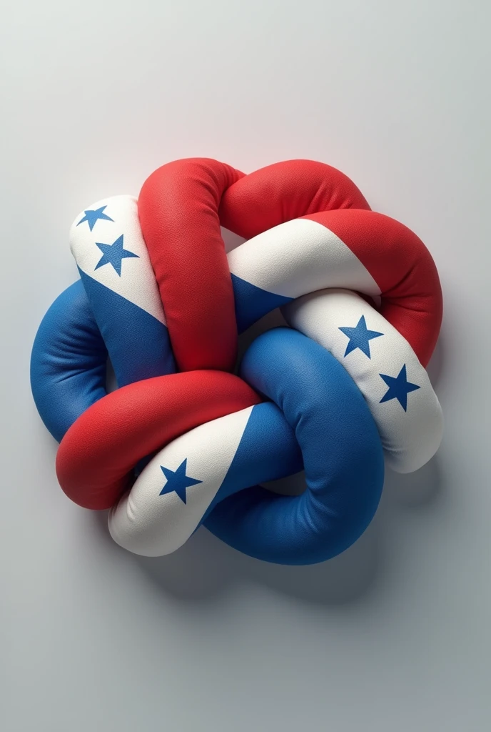 "The two flags of Panama and Costa Rica tied by a knot made with the same flags spread across the box. The left side of the knot should show the flag of Panama, while the right half features the flag of Costa Rica. The two flags should be gently fused in the center with a knot. , symbolizing unity and friendship. The background should be simple and neutral to keep the focus on the knot. "