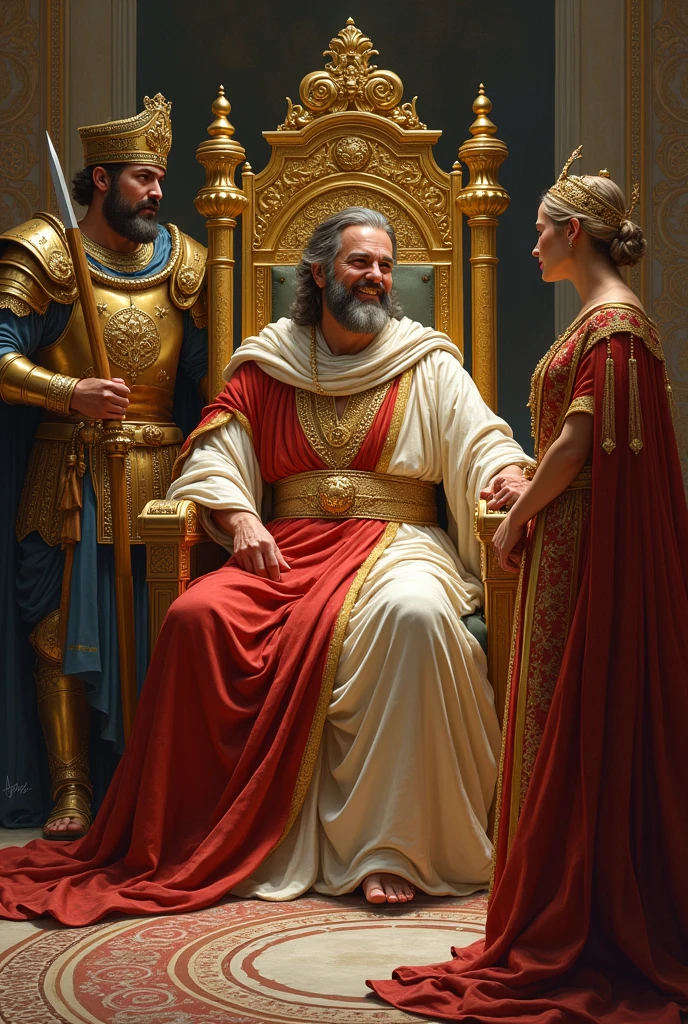 a smiling Persian king sitting on his golden throne with a small scepter in one hand, add two Persian soldiers next to the throne and a queen with her royal robes and crown, make the queen stand in front of the king talking 
