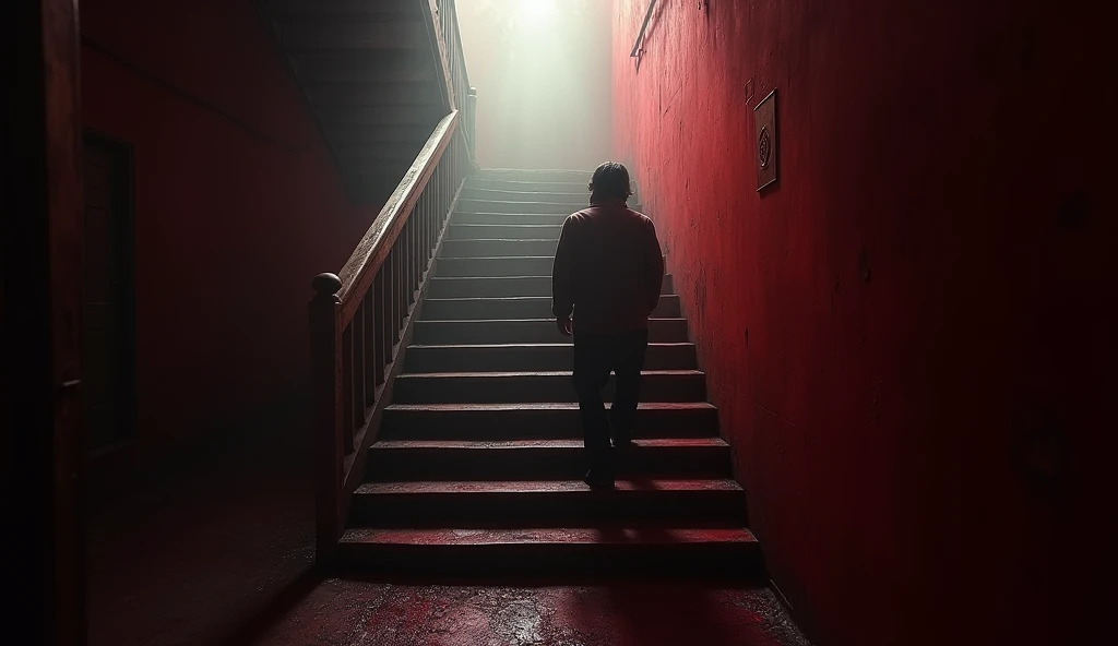 A pair of footsteps slowly descending a dimly lit staircase into the basement. The wooden steps are old and creaky, and the shadows cast are long and foreboding. Blurry and in red and white.