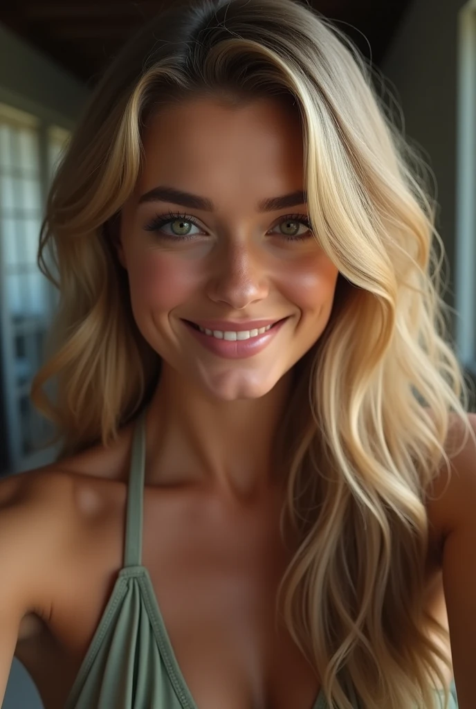 une belle fille aux longs cheveux blonds, detailed eyes, nose, smile bursts, and lips, sexy jumpsuit, devant l'ordinateur, takes a selfie with his right arm, (best quality,4K,8k,high resolution,head of&#39;artwork:1.2),ultra-detailed,(realistic,photorealistic,photo-realistic:1.37),HDR,studio lighting,Highly detailed face and body, portrait,Cinematic lighting,Dramatic lighting,warm color tones,couleurs dramatiques