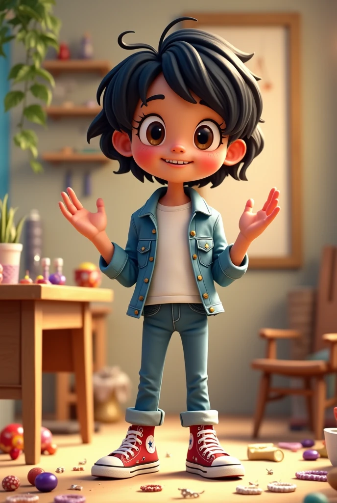 Cartoon 3d, short black hair, short black hair, white t-shirt, denim jacket and jeans, all star sneakers, making jewelry sign