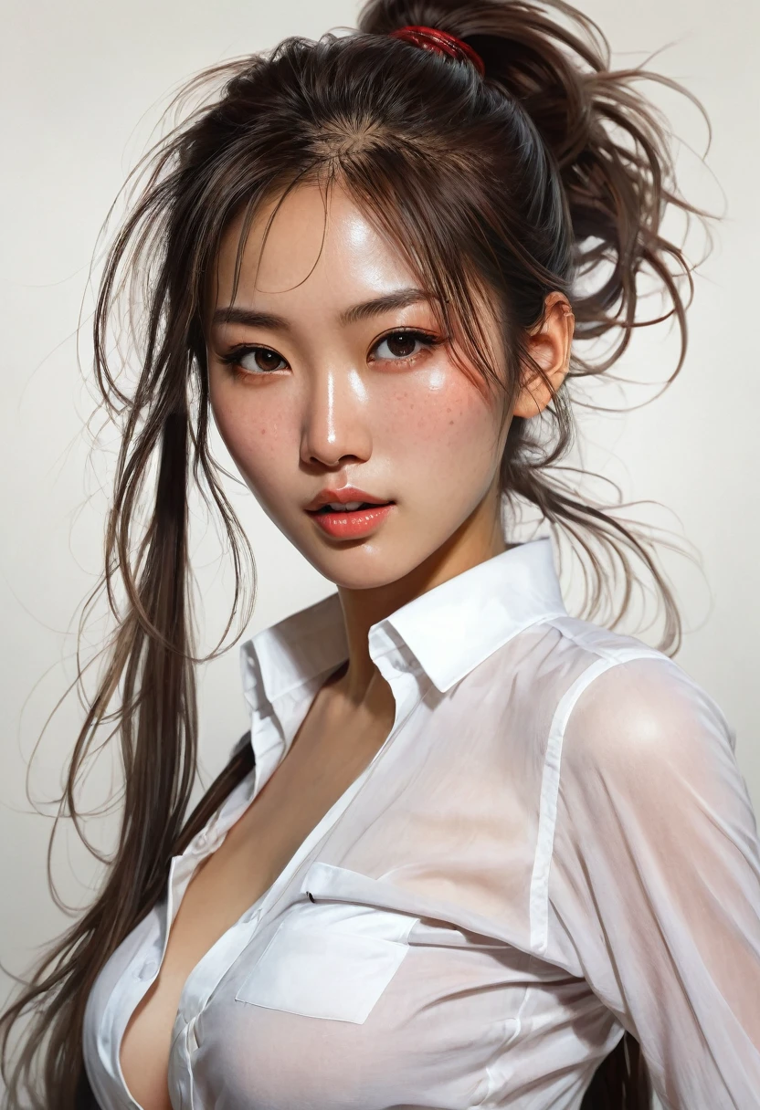 closeup of a Breathtaking hot Japanese prostitute girl wearing a unbuttoned tight white shirt with long dynamic hair in a messy ponytail , dark honey skin, perfect skin, black eyeliner , long eyelashes, soft skin, slight freckles, defined cheek bones, high cheek bones, round face, cheery, blushing, magic mist, digital painting, digital illustration, extreme detail, digital art, 4k, ultra hd, Anna Dittmann, greg rutkowski, alyssa monks, hyperrealism, trending on artstation, by Egon Schiele, gustave dore, david mann, vintage photography, beautiful, tumblr aesthetic, hd photography, hyperrealism