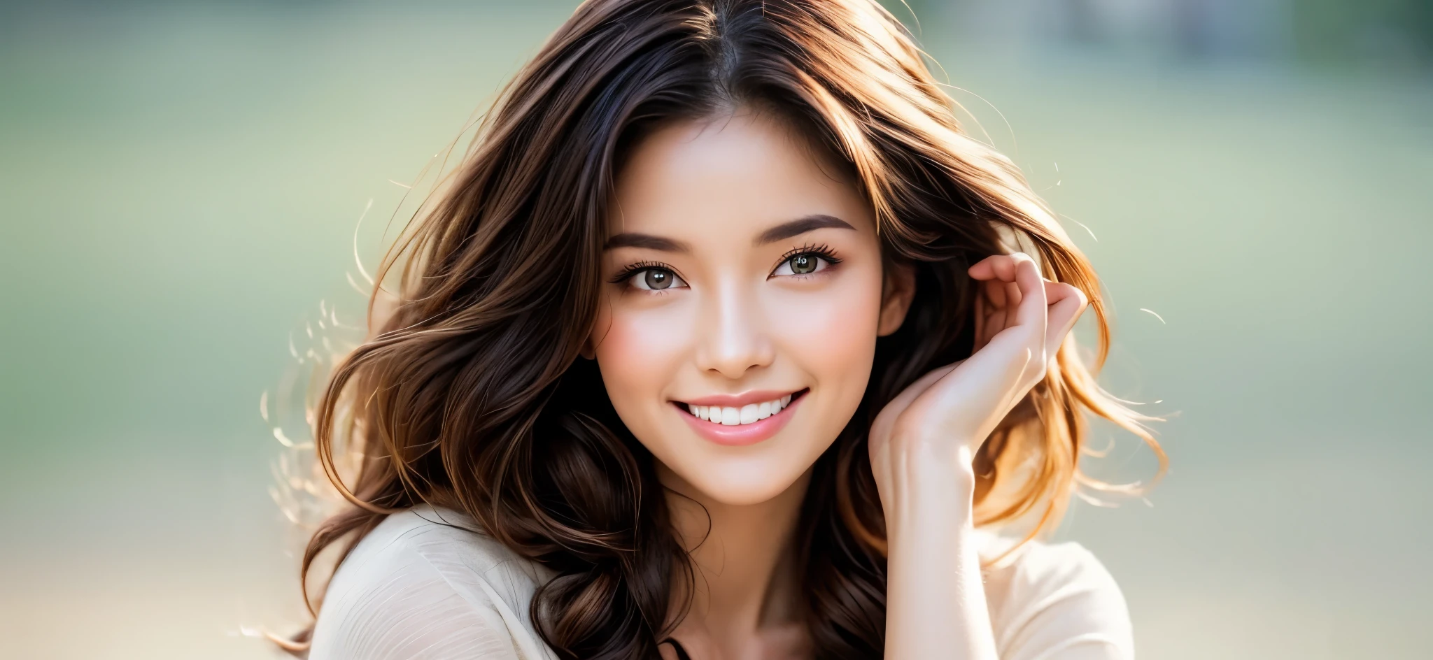 Create a beautiful photo of a confident, smiling woman with a natural and elegant appearance. The background should be softly blurred to create a professional and clean look, with ample space on one side (left) for copy text. The lighting should be warm and flattering, with soft shadows to enhance her features. Ensure the image has a modern, minimalist style suitable for marketing or promotional purposes.